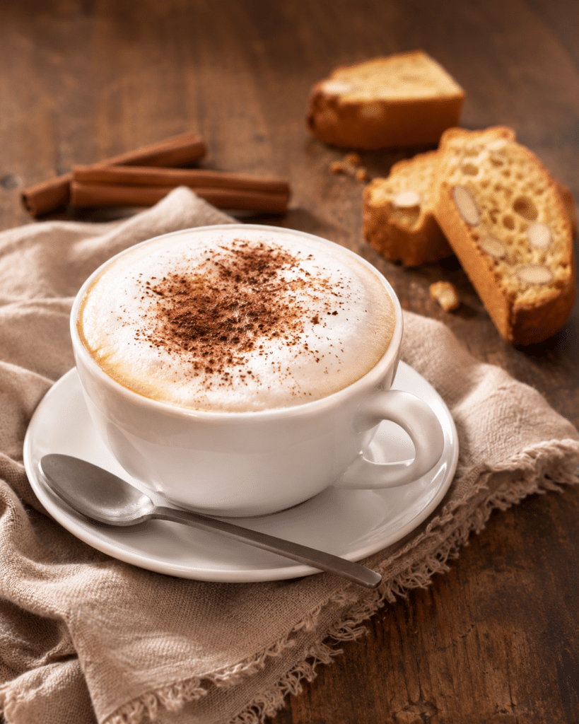 A creamy cappuccino topped with cocoa is served alongside artisan biscuits, showcasing premium malt ingredients for beverage innovation.